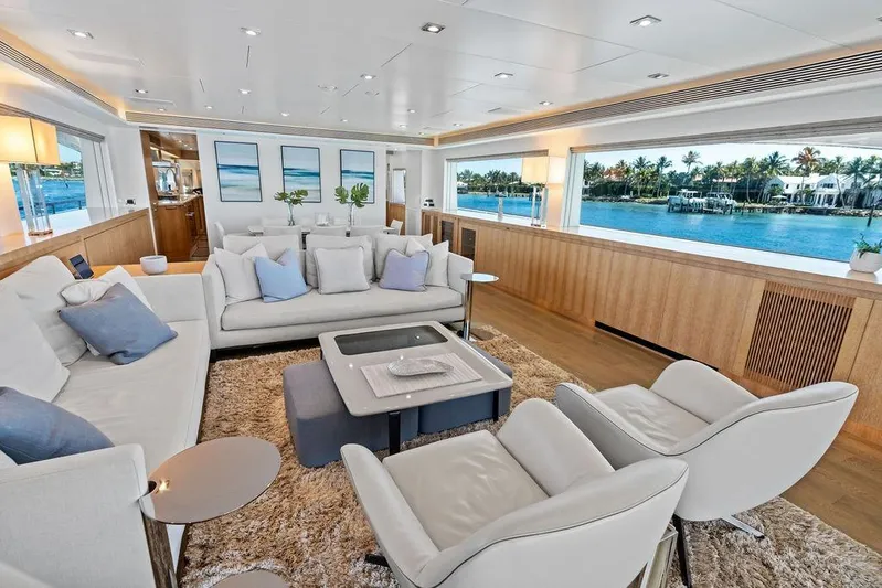  Yacht Photos Pics Luxurious interior of 2014 Horizon RP 110 yacht with elegant seating and ocean view.