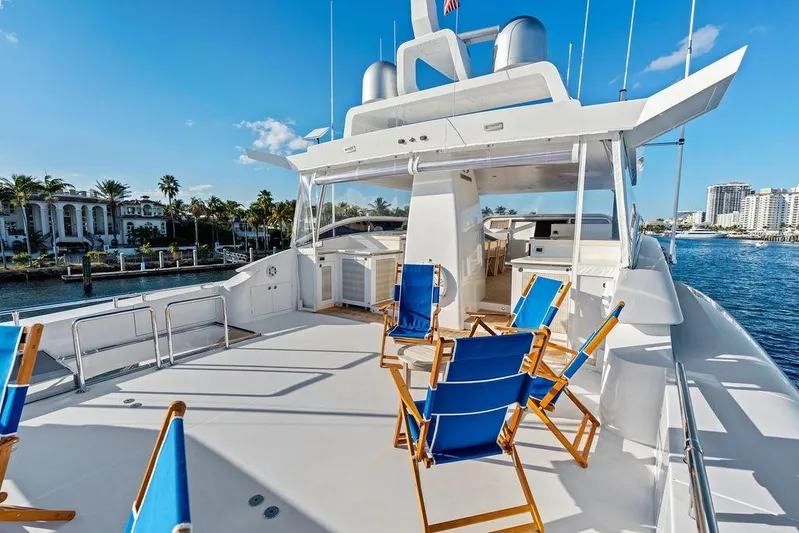  Yacht Photos Pics Luxurious Horizon RP 110 yacht deck with blue chairs, sunny waterfront view, 2014 model.
