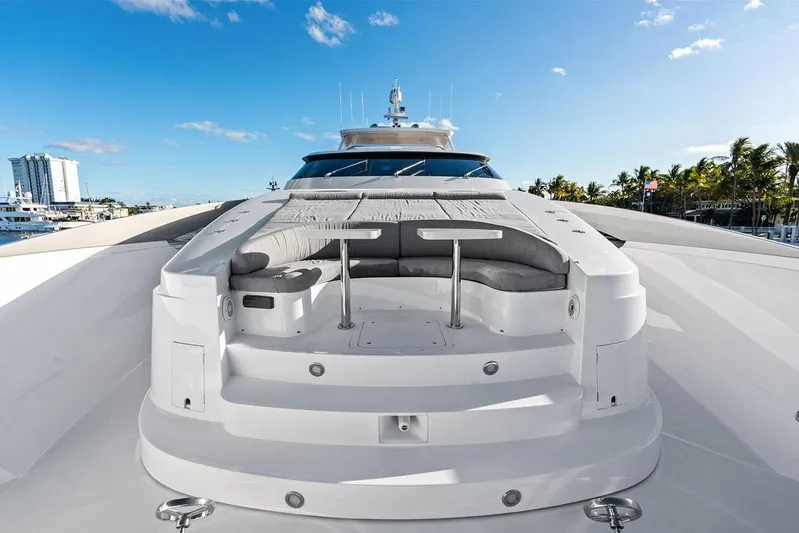  Yacht Photos Pics Luxurious 2014 Horizon RP 110 yacht deck with seating, under a clear blue sky.