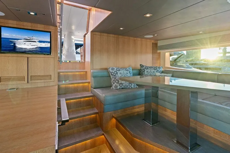  Yacht Photos Pics Luxurious interior of 2014 Horizon RP 110 yacht with modern seating and ambient lighting.