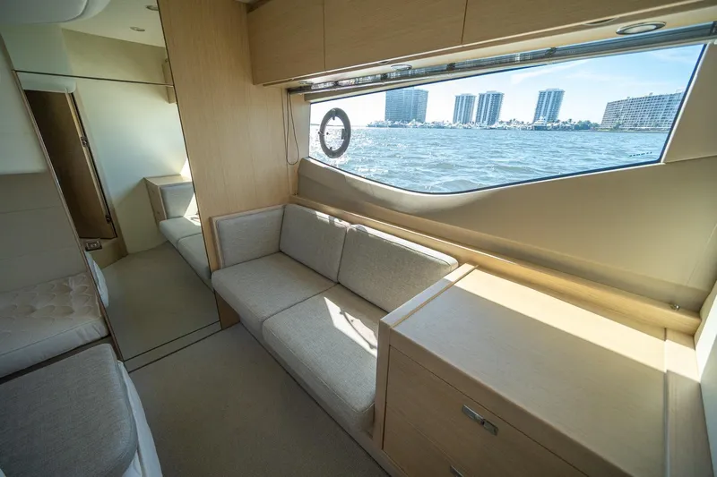 Bejul Yacht Photos Pics Interior of 2021 Princess V40 yacht with modern furnishings and ocean view.