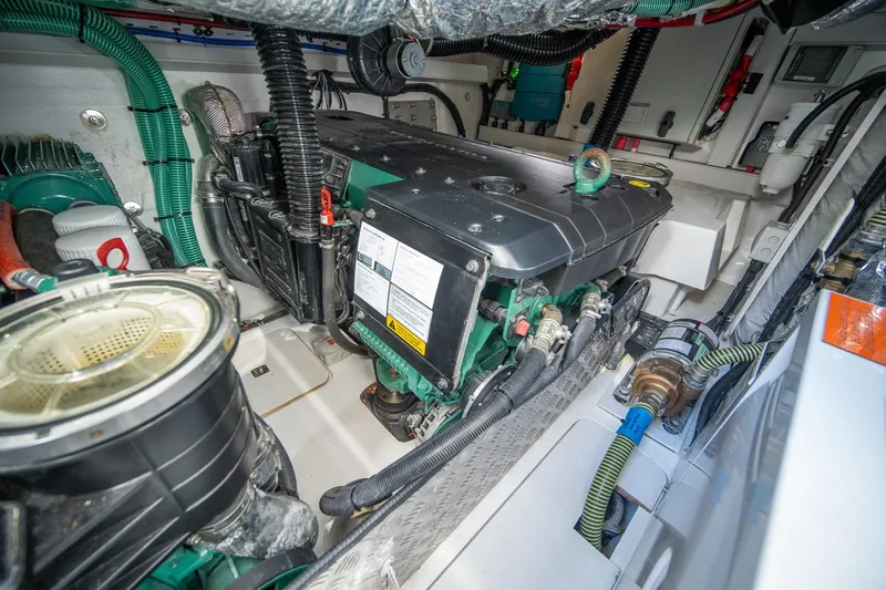 Bejul Yacht Photos Pics Engine room of a 2021 Princess V40 yacht, showcasing detailed mechanical components.