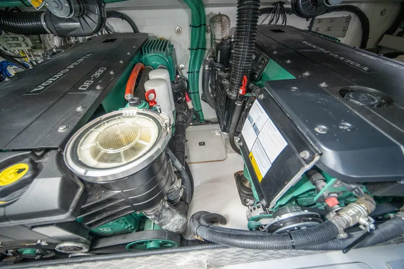 Bejul Yacht Photos Pics Engine compartment of a 2021 Princess V40 yacht, featuring Volvo Penta D6-380 engines.