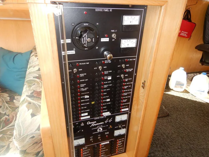  Yacht Photos Pics Electrical panel of 1990 Ocean Alexander 440 Sundeck CPMY yacht, featuring switches and gauges.
