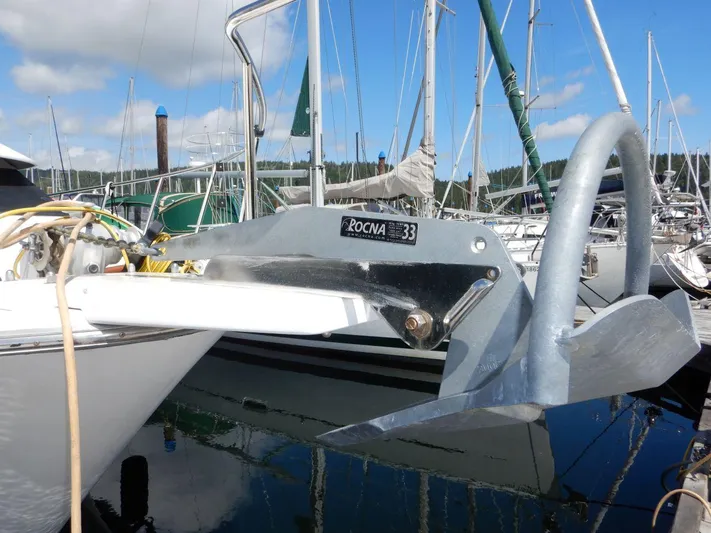  Yacht Photos Pics 1990 Ocean Alexander 440 Sundeck CPMY with Rocna anchor at marina.