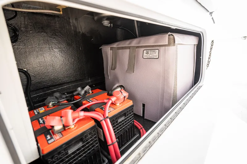  Yacht Photos Pics Storage compartment of 2025 Yellowfin 42 Offshore boat with batteries and equipment.