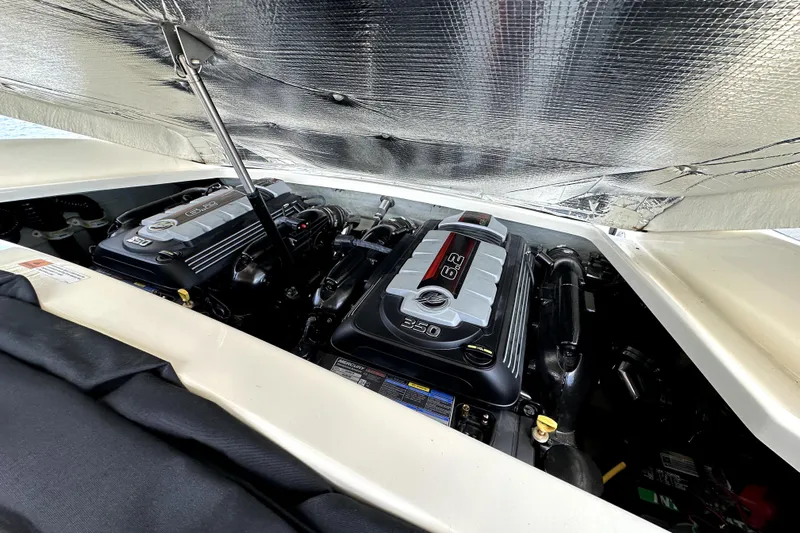  Yacht Photos Pics Engine compartment of 2019 Chris-Craft Launch 30, featuring dual 6.2L engines.