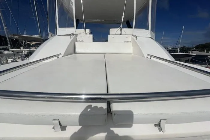 Rockin U Yacht Photos Pics 2020 Leopard 43 Powercat yacht with spacious white deck and seating area.