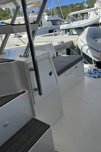 Rockin U Yacht Photos Pics Leopard 43 Powercat 2020 model, docked with visible seating and steps.