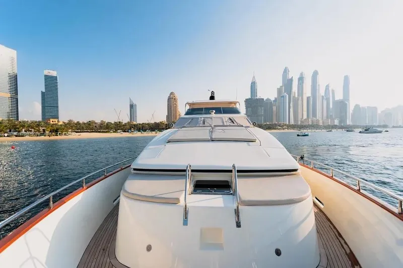  Yacht Photos Pics Azimut 100 Jumbo yacht cruising near a city skyline, 2004 model.