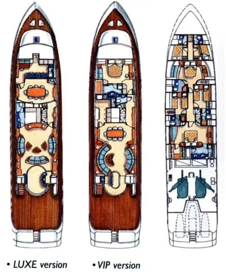  Yacht Photos Pics Floor plans of 2004 Azimut 100 Jumbo yacht, showcasing Luxe and VIP versions.