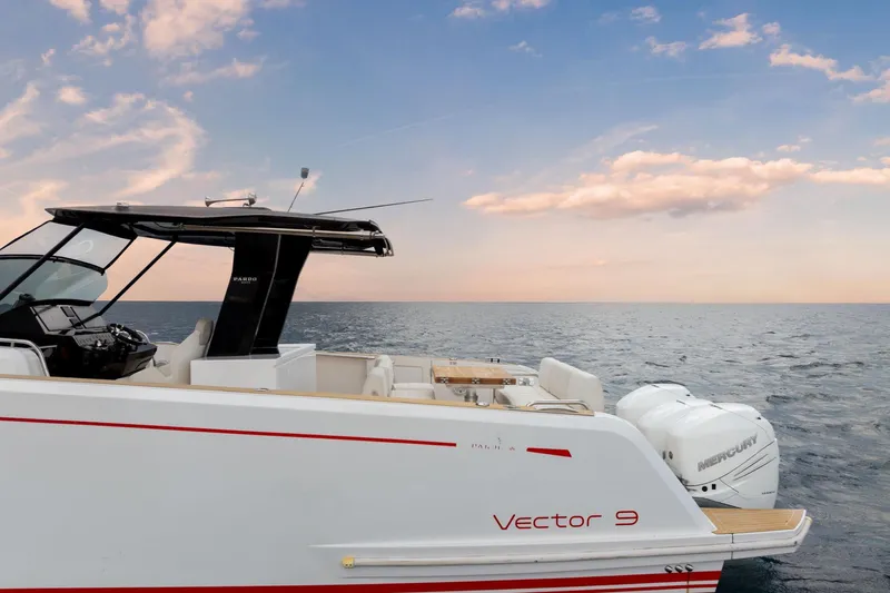 Vector 9 Yacht Photos Pics Pardo Yachts 38, 2021 model, cruising on open sea under a vibrant sky.