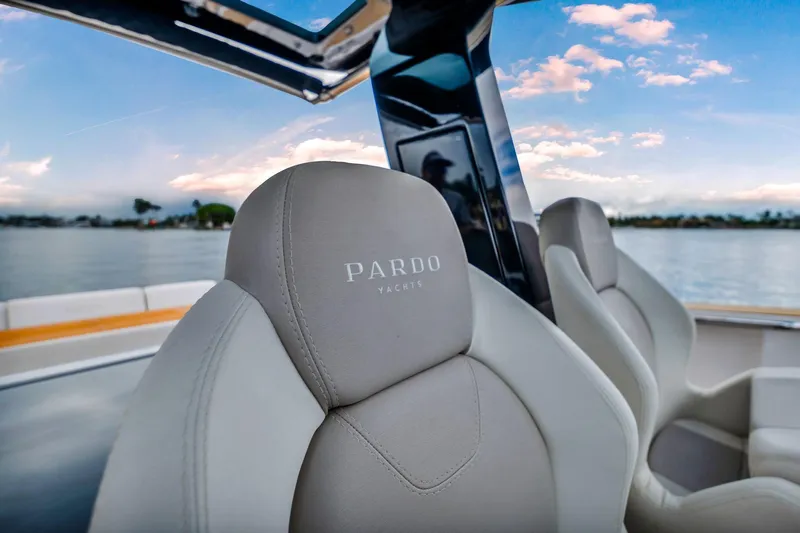 Vector 9 Yacht Photos Pics Luxurious seating on 2021 Pardo Yachts 38, with scenic water view.