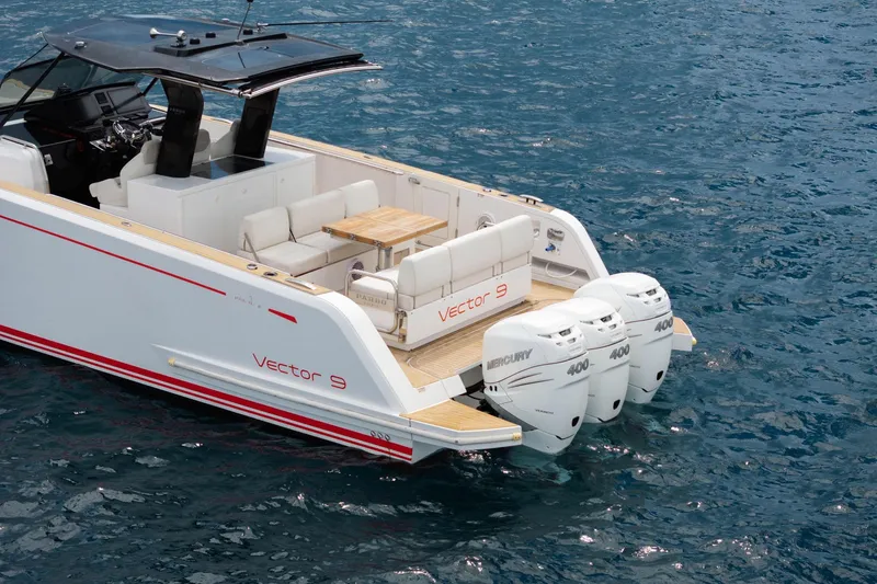 Vector 9 Yacht Photos Pics Luxury Pardo Yachts 38, 2021 model, with triple Mercury 400 engines on blue water.