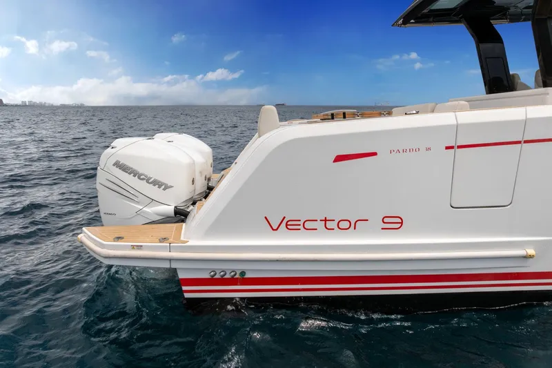 Vector 9 Yacht Photos Pics 2021 Pardo Yachts 38 with Mercury outboard engine on open sea.