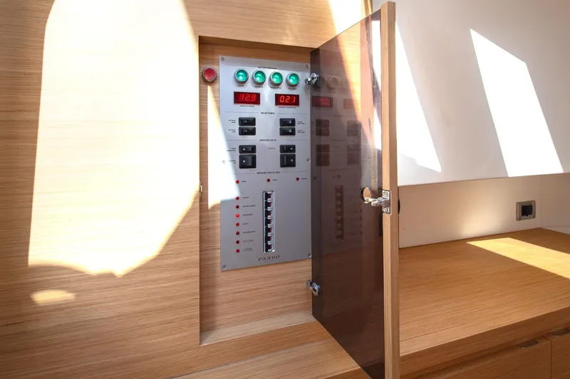 Vector 9 Yacht Photos Pics Control panel inside 2021 Pardo Yachts 38, featuring switches and digital displays.