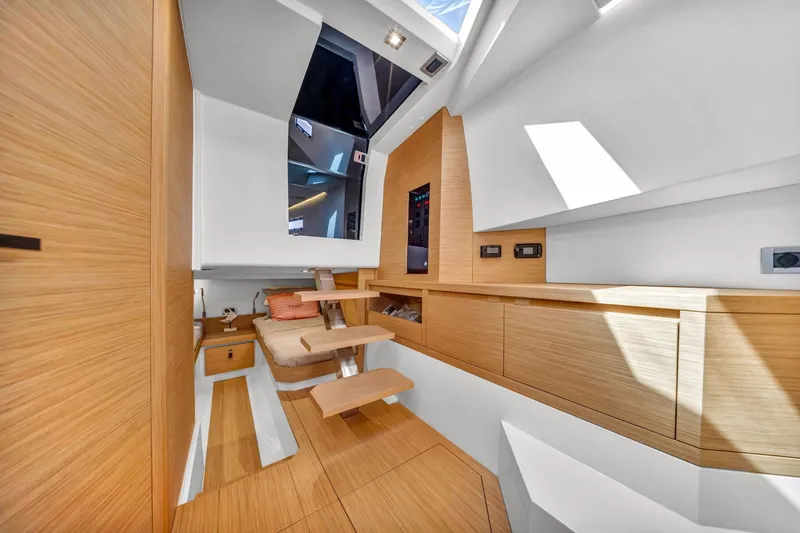 Vector 9 Yacht Photos Pics Luxurious interior of 2021 Pardo Yachts 38, featuring sleek wood finishes and modern design.