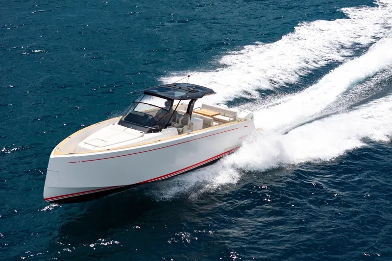 Vector 9 Yacht Photos Pics 2021 Pardo Yachts 38 cruising on open water, showcasing sleek design and performance.