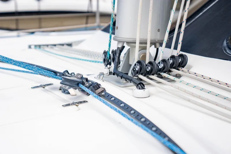 Making Waves Yacht Photos Pics Close-up of Seawind 1160 sailboat rigging and deck details, 2006 model.