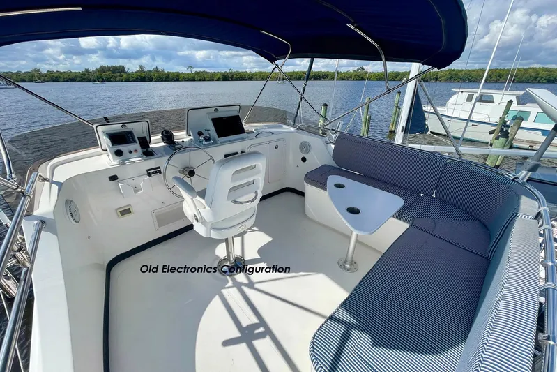 Slainte II Yacht Photos Pics 2008 Nordic Tug 42 boat helm with old electronics, featuring seating and water view.