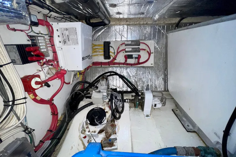 Slainte II Yacht Photos Pics Engine room of a 2008 Nordic Tug 42, showcasing electrical systems and wiring.