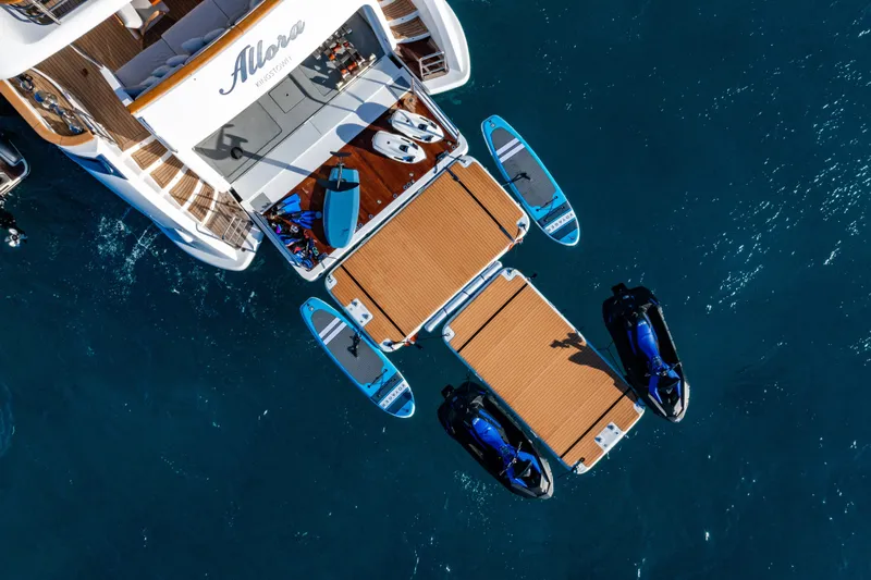 Allora Yacht Photos Pics Aerial view of 2011 Benetti Classic 121 yacht with water sports equipment.