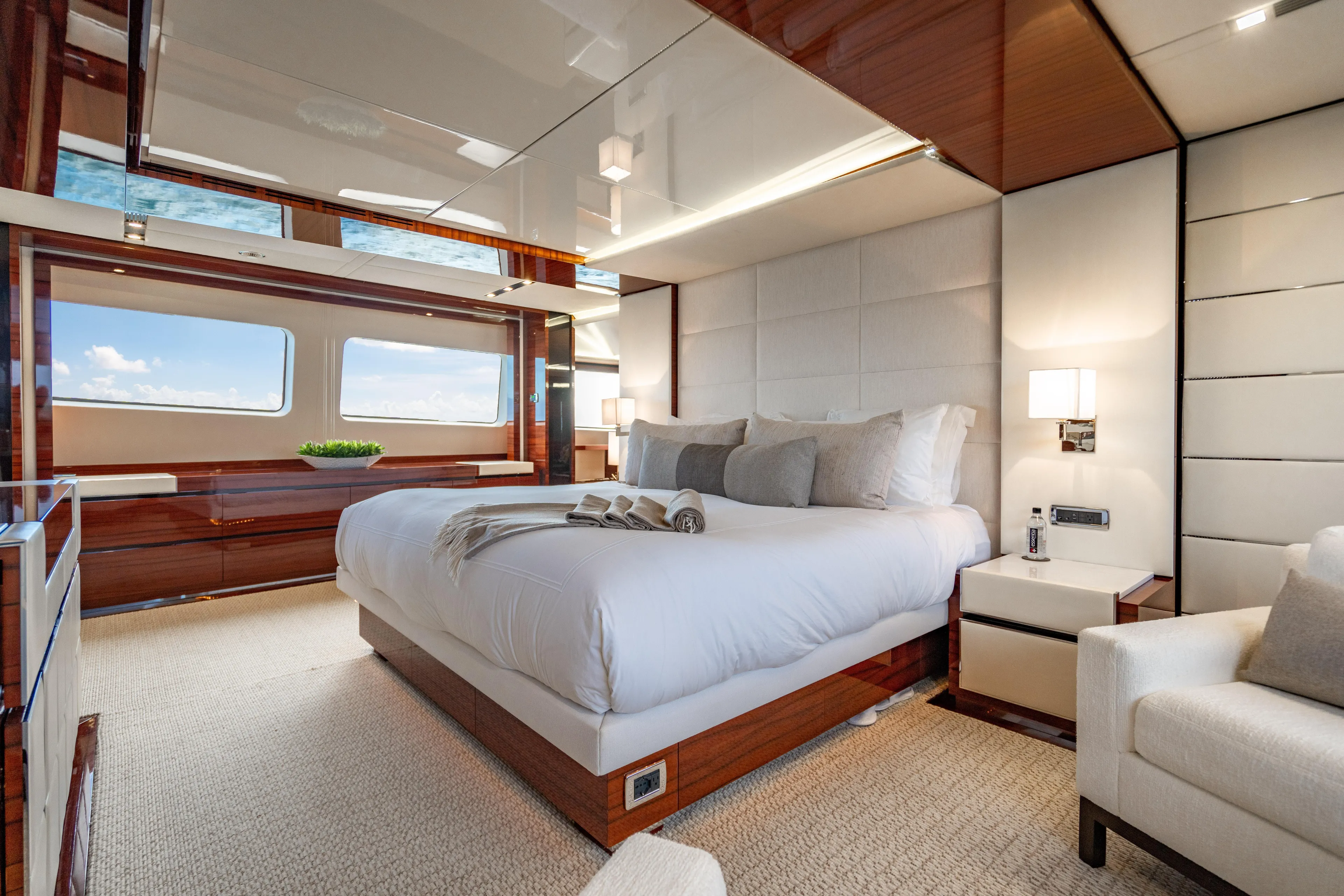 Allora Yacht Photos Pics Luxurious bedroom interior of 2011 Benetti Classic 121 yacht with elegant furnishings.