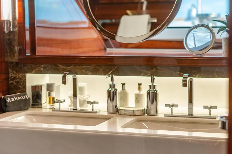 Allora Yacht Photos Pics Luxurious Benetti Classic 121 yacht bathroom with dual sinks and elegant fixtures, 2011 model.