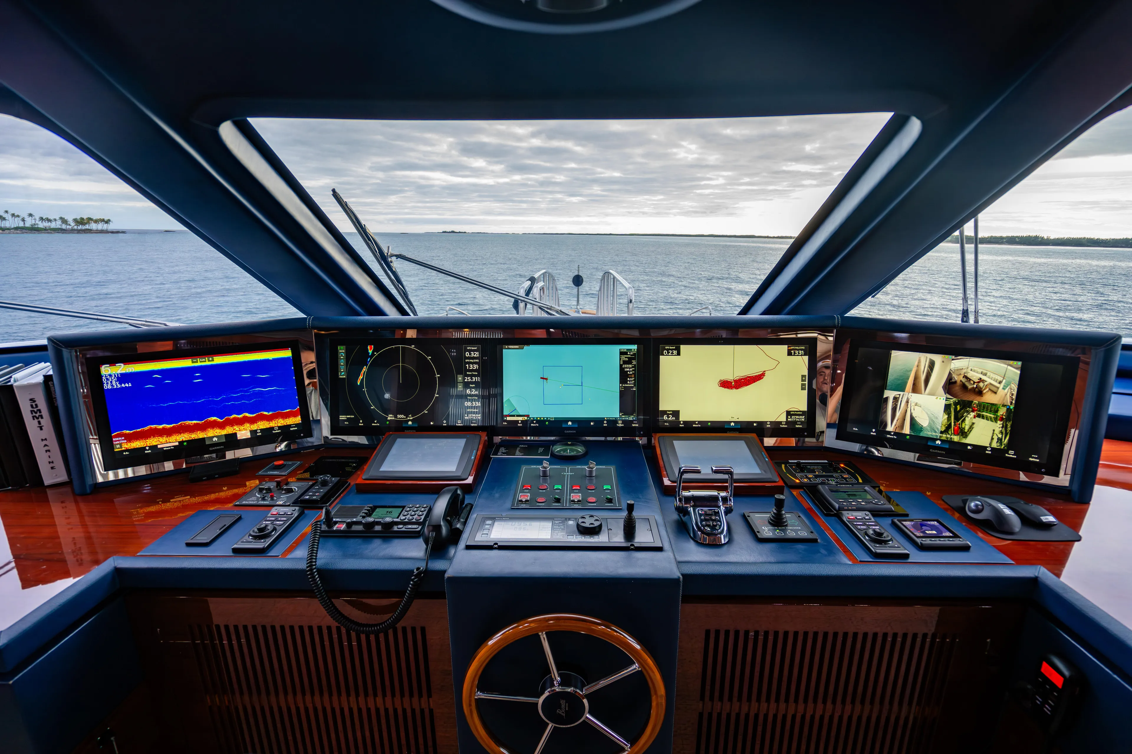 Allora Yacht Photos Pics Control room of 2011 Benetti Classic 121 yacht with advanced navigation systems.