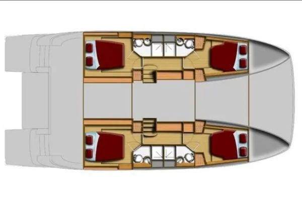 Kimberly Dawn Yacht Photos Pics Floor plan of 2014 Aquila 48 PC yacht, featuring four cabins and bathrooms.