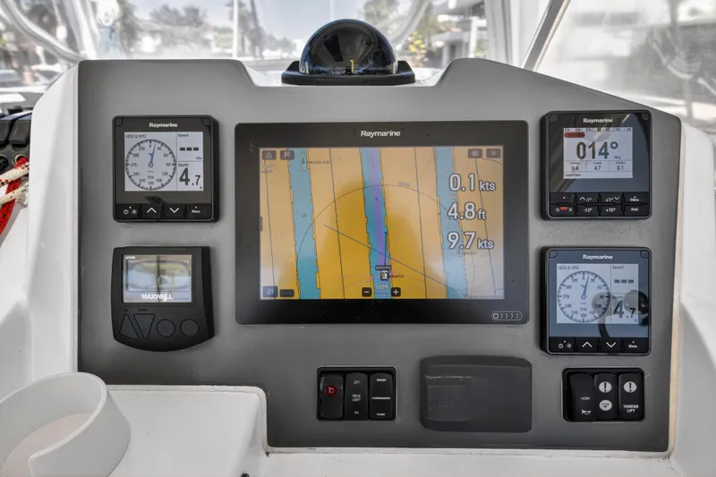 Yacht Photos Pics Navigation dashboard of a 2021 Leopard 50 yacht with Raymarine instruments.