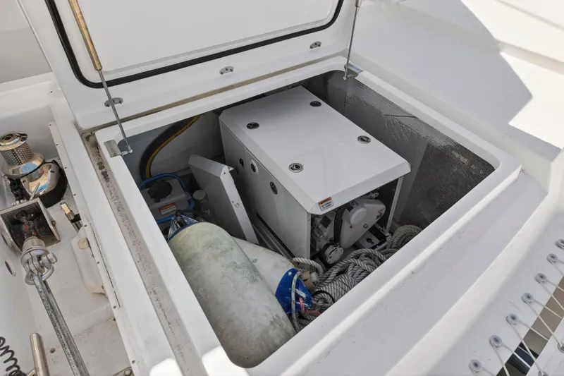  Yacht Photos Pics Open storage compartment on 2021 Leopard 50 yacht, containing ropes and equipment.