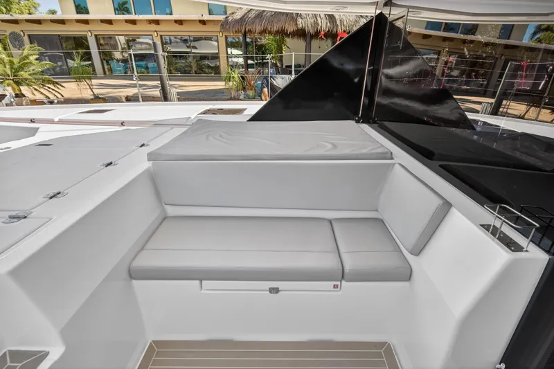  Yacht Photos Pics Leopard 50 yacht seating area, 2021 model, featuring sleek design and comfortable cushions.