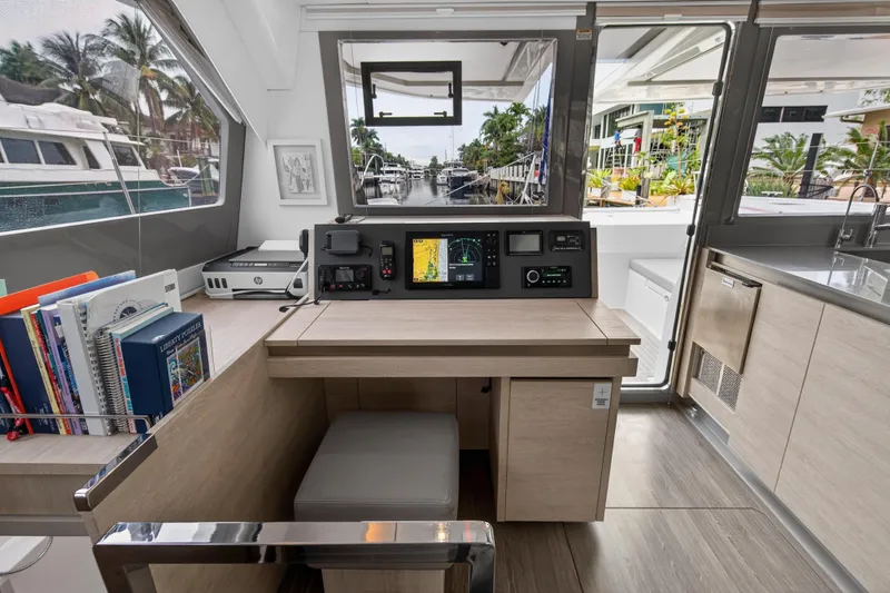  Yacht Photos Pics Interior of 2021 Leopard 50 yacht with navigation station and modern amenities.