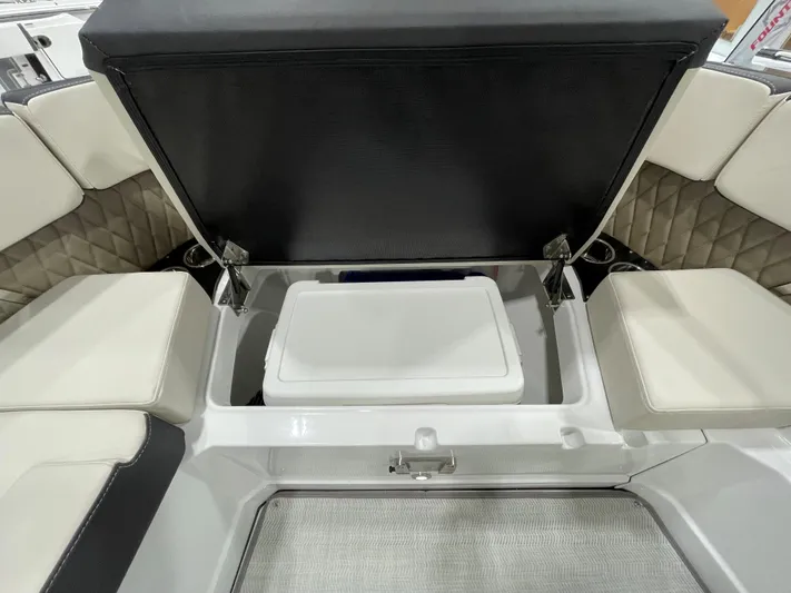 Livin Life Yacht Photos Pics 2023 Monterey 378SS Super Sport boat interior with open storage compartment.