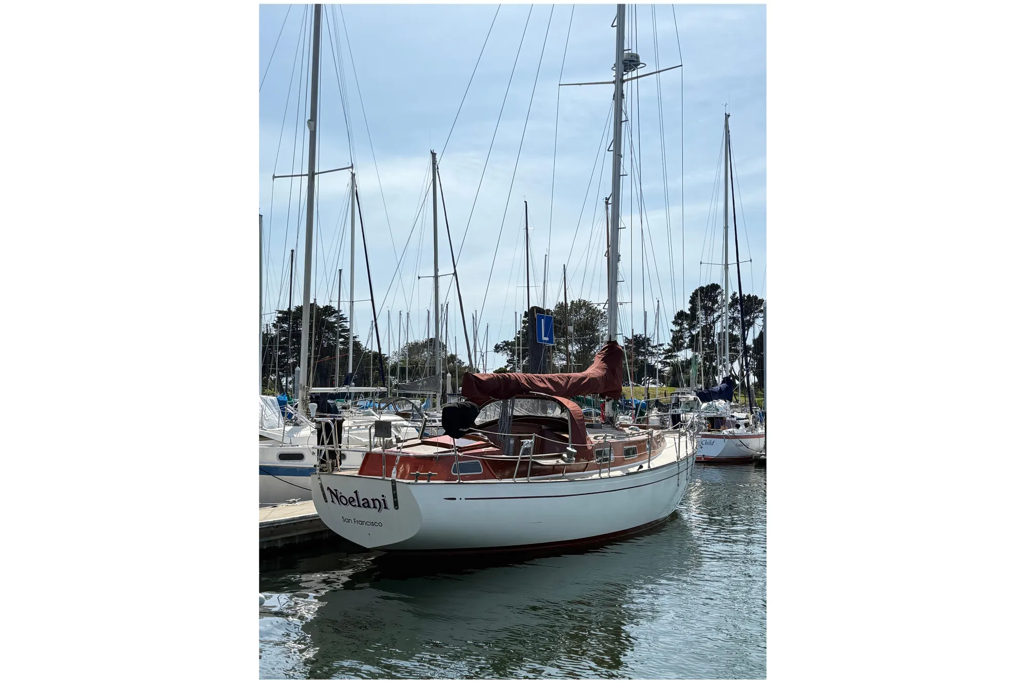 1978 Vindo 50 sailboat docked in a marina, surrounded by other boats.