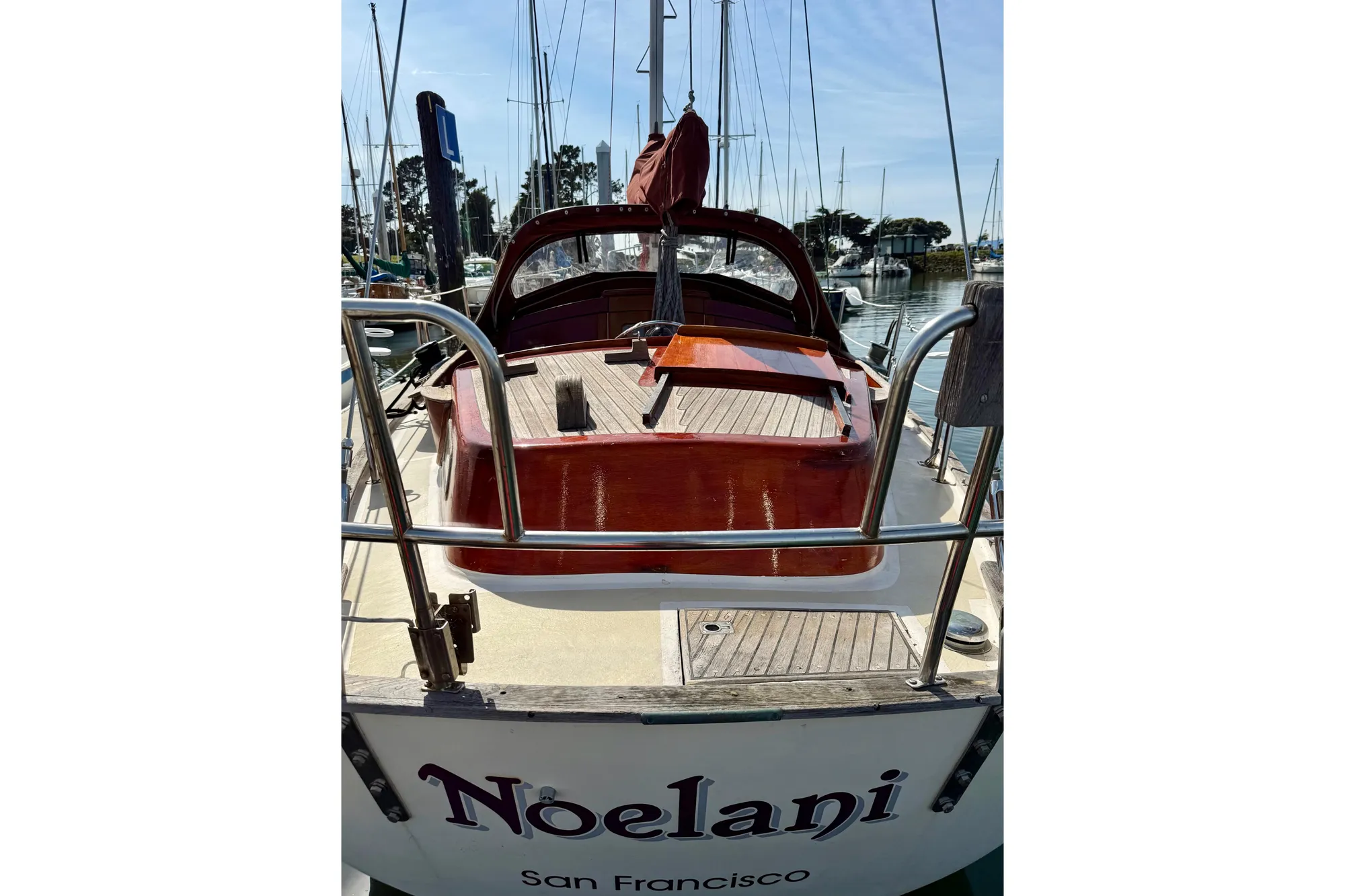1978 Vindo 50 sailboat "Noelani" docked in San Francisco marina.