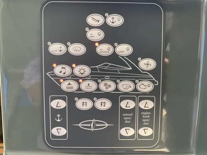  Yacht Photos Pics Control panel of a 2015 Bavaria S36 Coupe boat with various function buttons.
