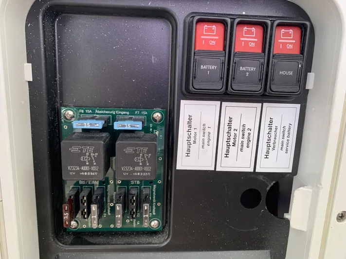  Yacht Photos Pics Electrical panel of a 2015 Bavaria S36 Coupe with switches and relays.
