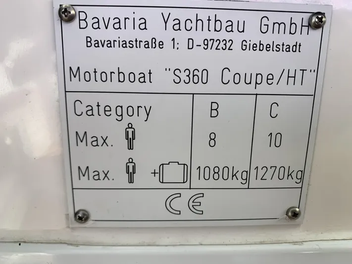  Yacht Photos Pics Plaque of Bavaria S36 Coupe motorboat, showing capacity and weight limits.