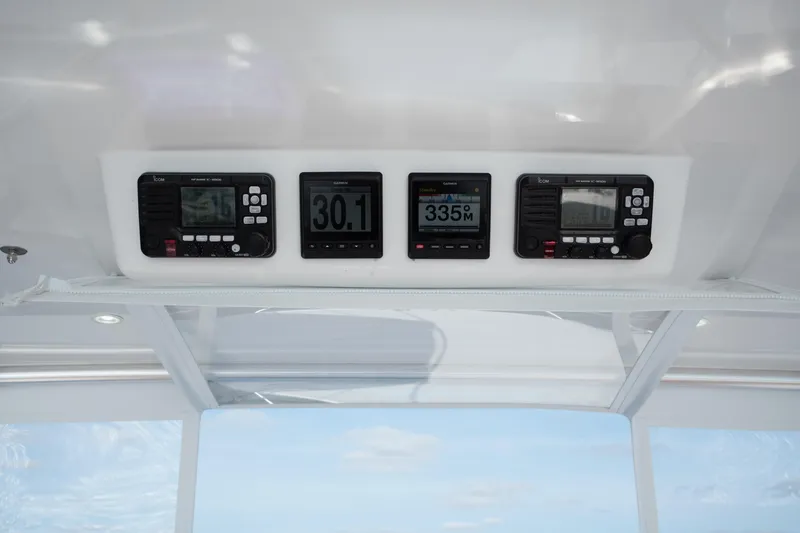 Reelin N Dealin Yacht Photos Pics 2018 Viking 37 Billfish dashboard with navigation and communication instruments.