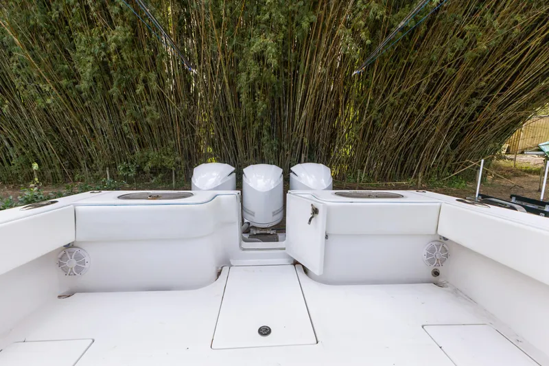  Yacht Photos Pics 2016 SeaHunter 41 Tournament boat deck with triple outboard engines, surrounded by lush bamboo.