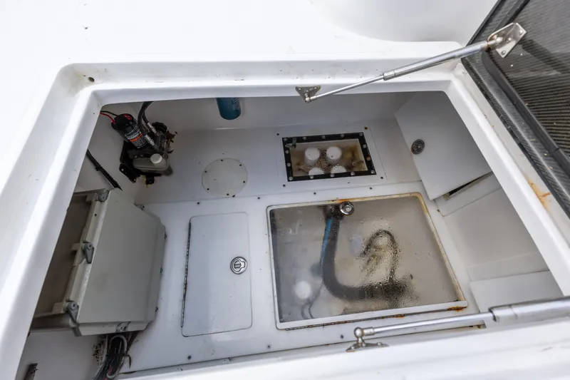  Yacht Photos Pics 2016 SeaHunter 41 Tournament boat compartment with equipment and storage.