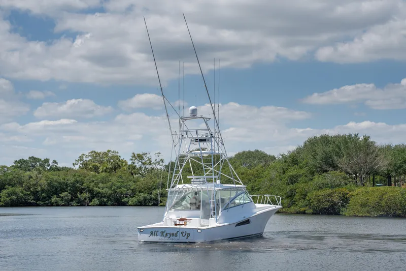 All Keyed Up Yacht Photos Pics 2001 Viking 50 Express boat on calm water, surrounded by lush greenery and blue sky.