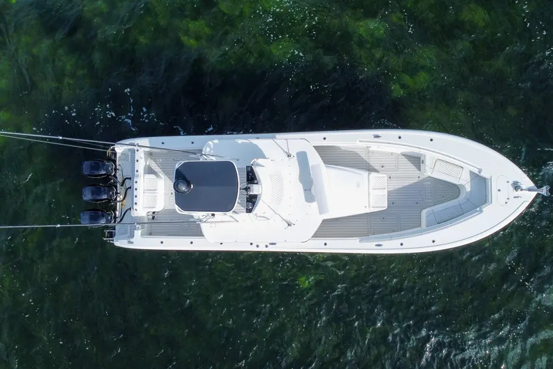  Yacht Photos Pics Aerial view of 2008 Yellowfin 42 Offshore boat on clear water.