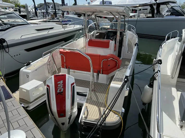 Ann #95 Yacht Photos Pics 2023 Nimbus T9 #95 motorboat with Mercury 450R outboard engine at marina.