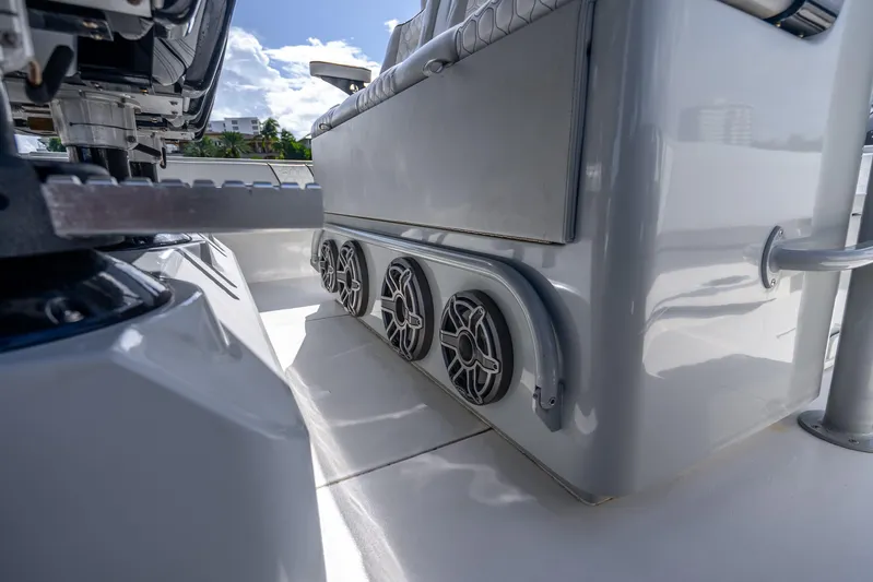 Four Reels Yacht Photos Pics 2021 Contender 44 CB boat interior with sleek design and integrated speakers.