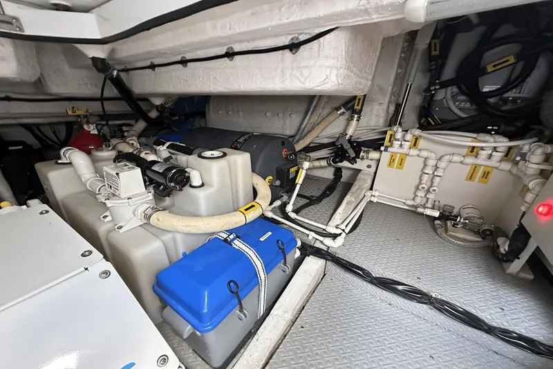 Cinza Yacht Photos Pics Engine room of 2020 Azimut 40 Verve yacht with visible machinery and piping.
