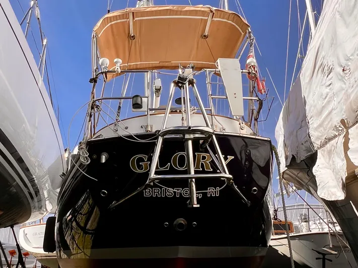 Glory Yacht Photos Pics Sailboat "Glory," Shannon 43 Cutter, 2001, docked with blue sky background.