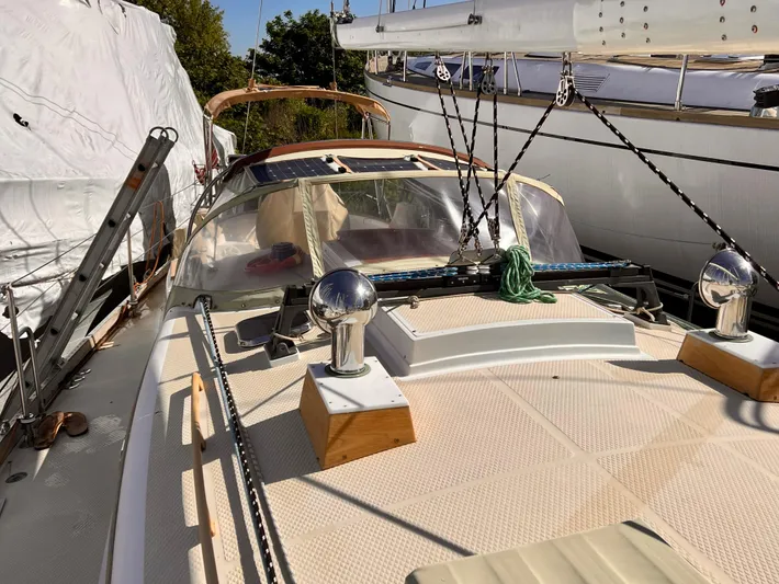 Glory Yacht Photos Pics 2001 Shannon 43 Cutter sailboat deck with rigging and winches, docked outdoors.